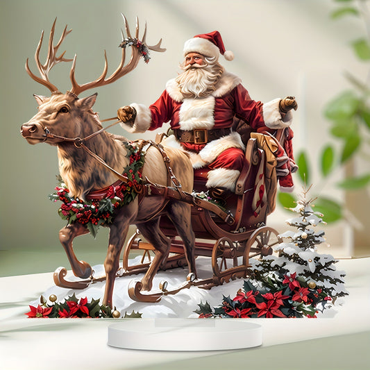 Acrylic Santa Claus Reindeer Sled Decoration, Tabletop Christmas Ornament with Base, Xmas Navidad Party Decor