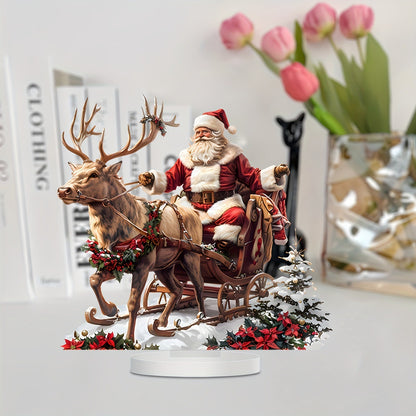 Acrylic Santa Claus Reindeer Sled Decoration, Tabletop Christmas Ornament with Base, Xmas Navidad Party Decor