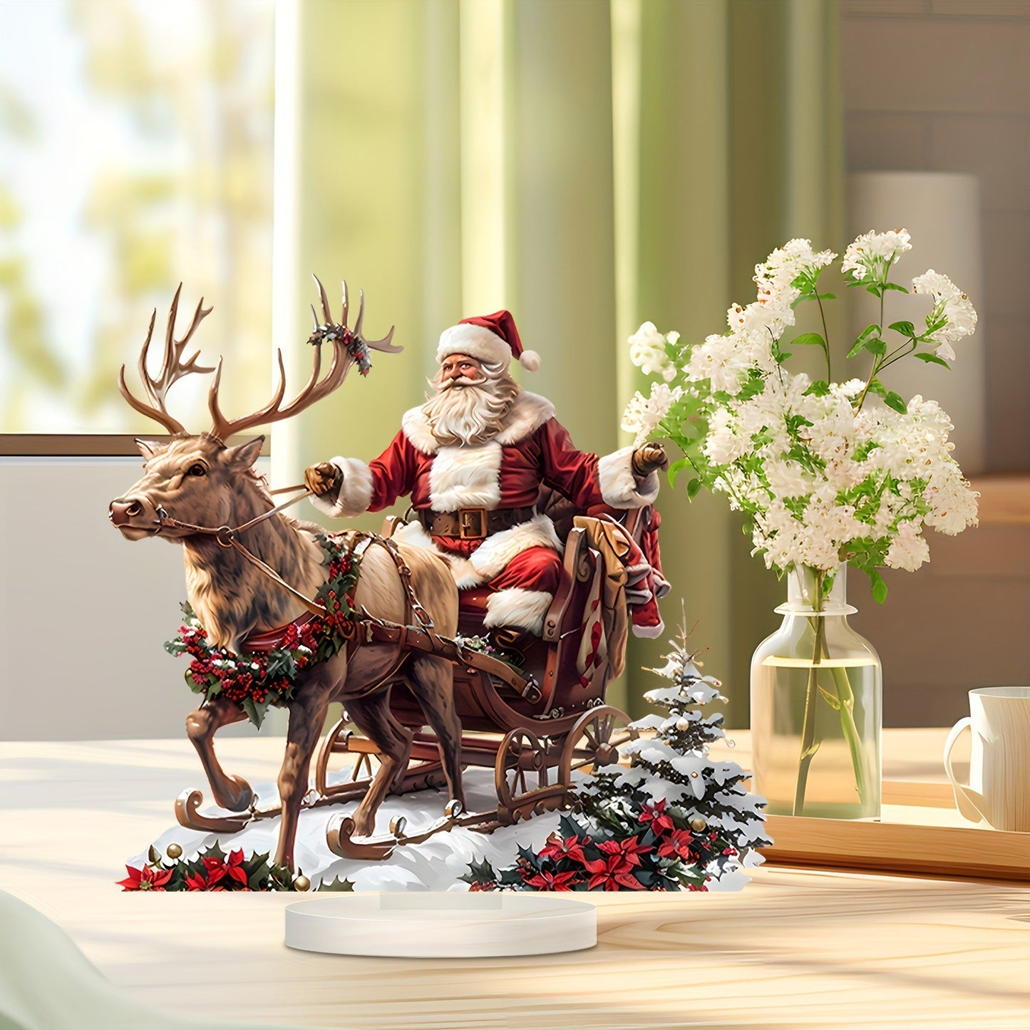 Acrylic Santa Claus Reindeer Sled Decoration, Tabletop Christmas Ornament with Base, Xmas Navidad Party Decor