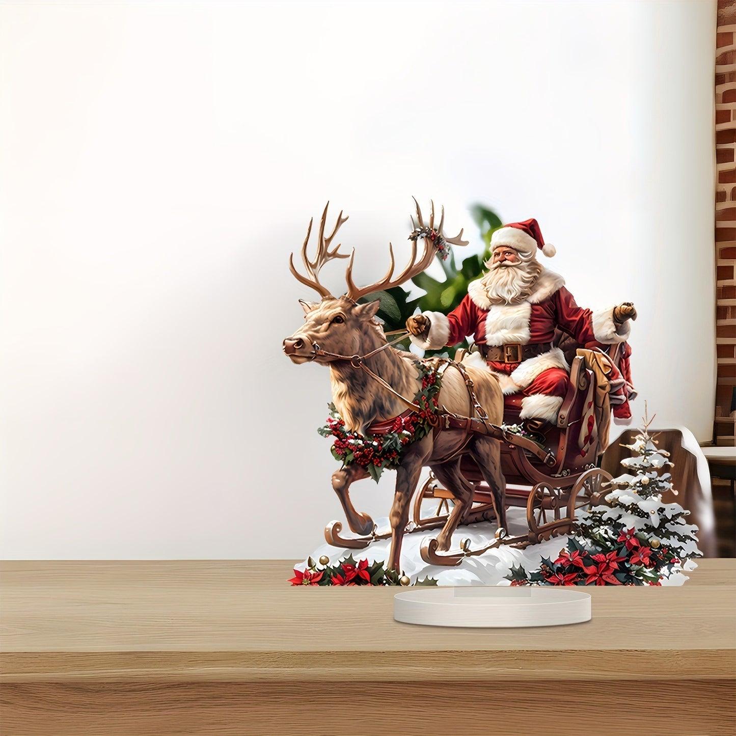 Acrylic Santa Claus Reindeer Sled Decoration, Tabletop Christmas Ornament with Base, Xmas Navidad Party Decor