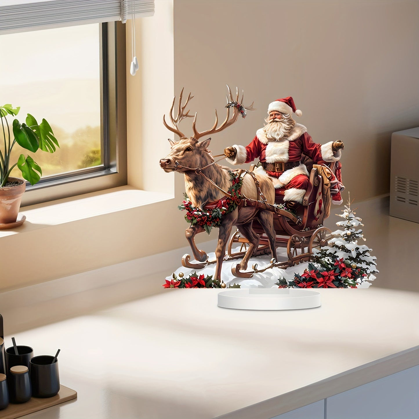 Acrylic Santa Claus Reindeer Sled Decoration, Tabletop Christmas Ornament with Base, Xmas Navidad Party Decor