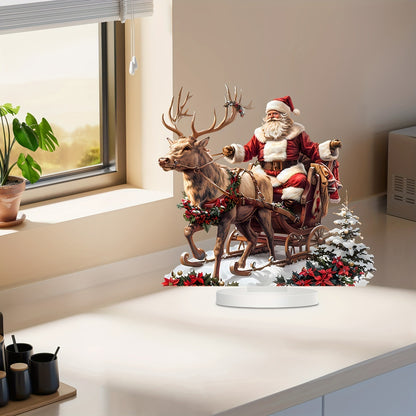 Acrylic Santa Claus Reindeer Sled Decoration, Tabletop Christmas Ornament with Base, Xmas Navidad Party Decor