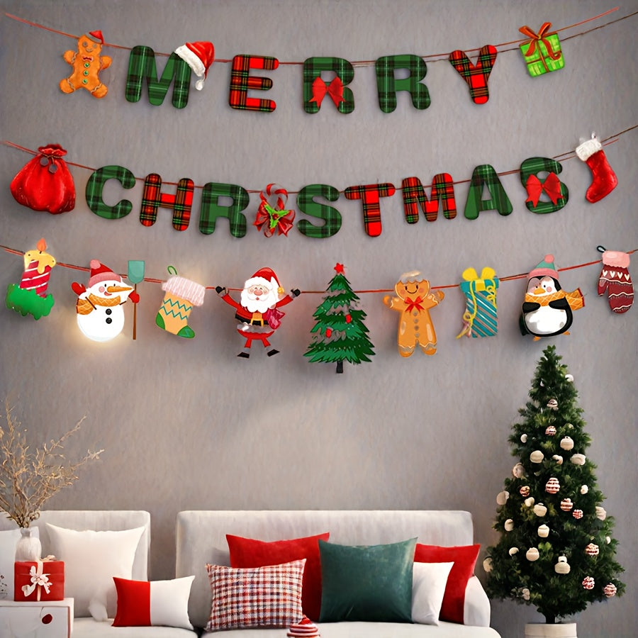 Santa Claus Snowman Paper Hanging Banner, Merry Christmas Banners Decoration, Red Green Xmax Pendant Holiday Decor