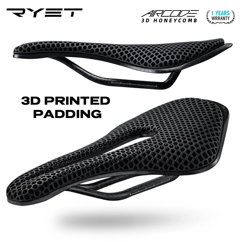 RYET Ultralight Carbon Fiber Bike Saddle, 3D Printed Hollow Comfortable Breathable MTB Road Bicycle Seat