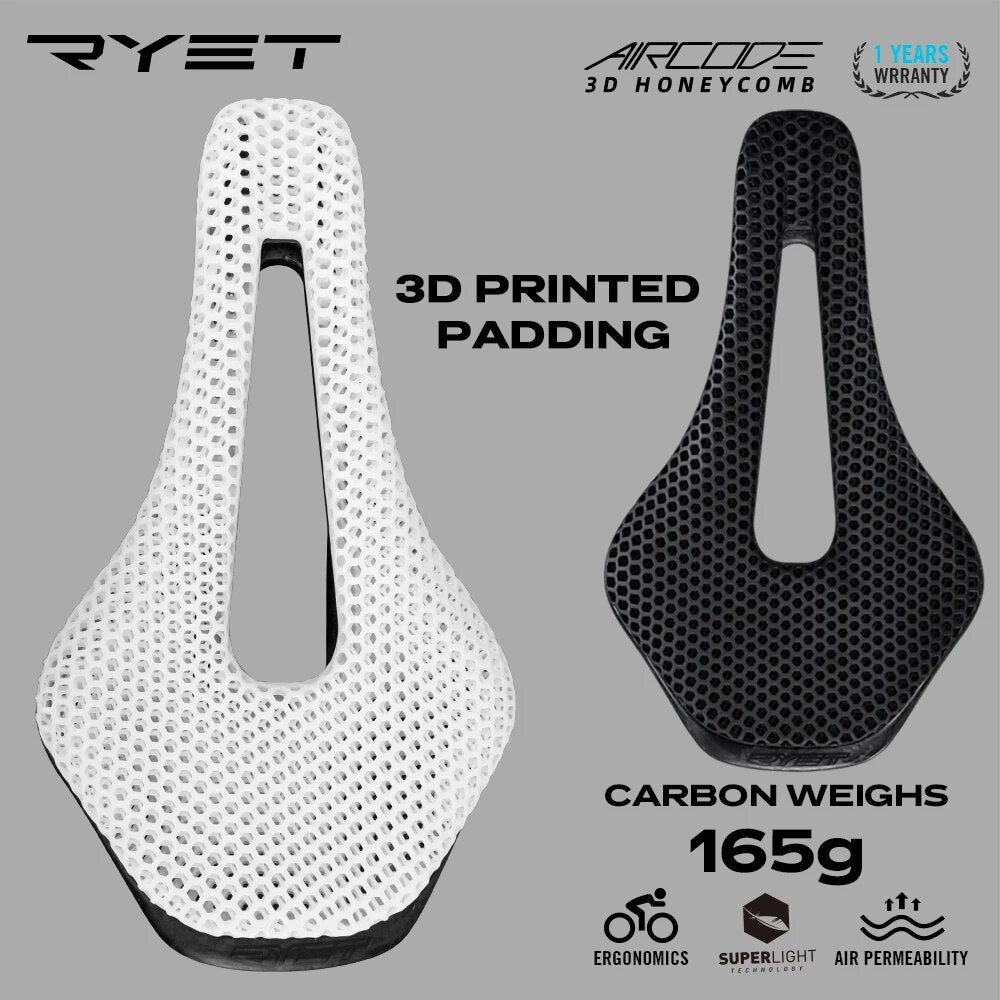 RYET Ultralight Carbon Fiber Bike Saddle, 3D Printed Hollow Comfortable Breathable MTB Road Bicycle Seat
