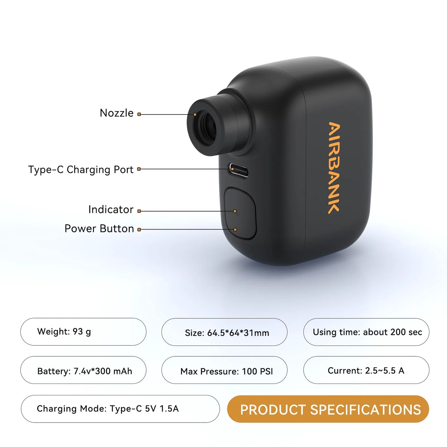 Rechargeable Mini Air Inflator, Portable Bicycle Pump Type-C, Bike Tire Pump for Schrader and Presta