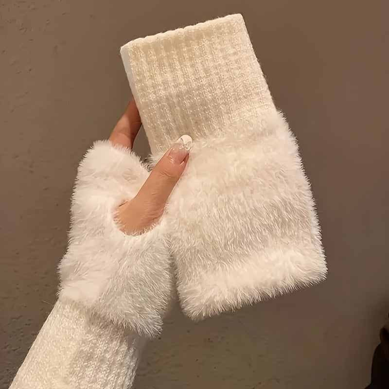 Luxury Knitted Gloves for Women, Soft Winter Half Finger Gloves, Warm Plush Wrist Mittens, Solid White Fingerless