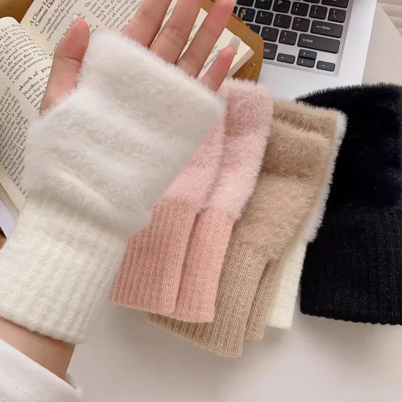 Luxury Knitted Gloves for Women, Soft Winter Half Finger Gloves, Warm Plush Wrist Mittens, Solid White Fingerless