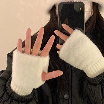 Luxury Knitted Gloves for Women, Soft Winter Half Finger Gloves, Warm Plush Wrist Mittens, Solid White Fingerless