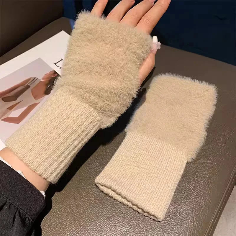 Luxury Knitted Gloves for Women, Soft Winter Half Finger Gloves, Warm Plush Wrist Mittens, Solid White Fingerless