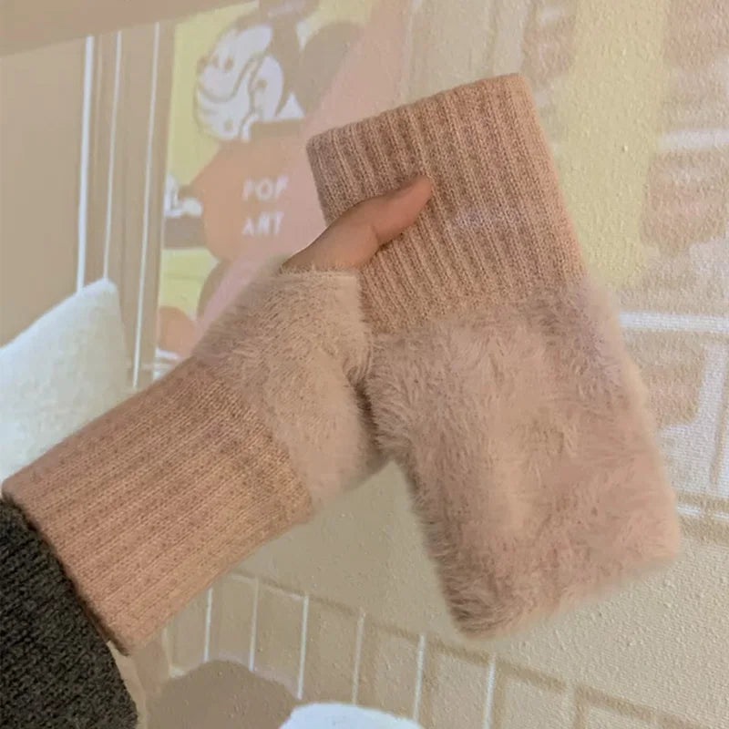 Luxury Knitted Gloves for Women, Soft Winter Half Finger Gloves, Warm Plush Wrist Mittens, Solid White Fingerless