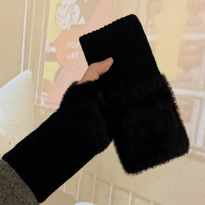Luxury Knitted Gloves for Women, Soft Winter Half Finger Gloves, Warm Plush Wrist Mittens, Solid White Fingerless