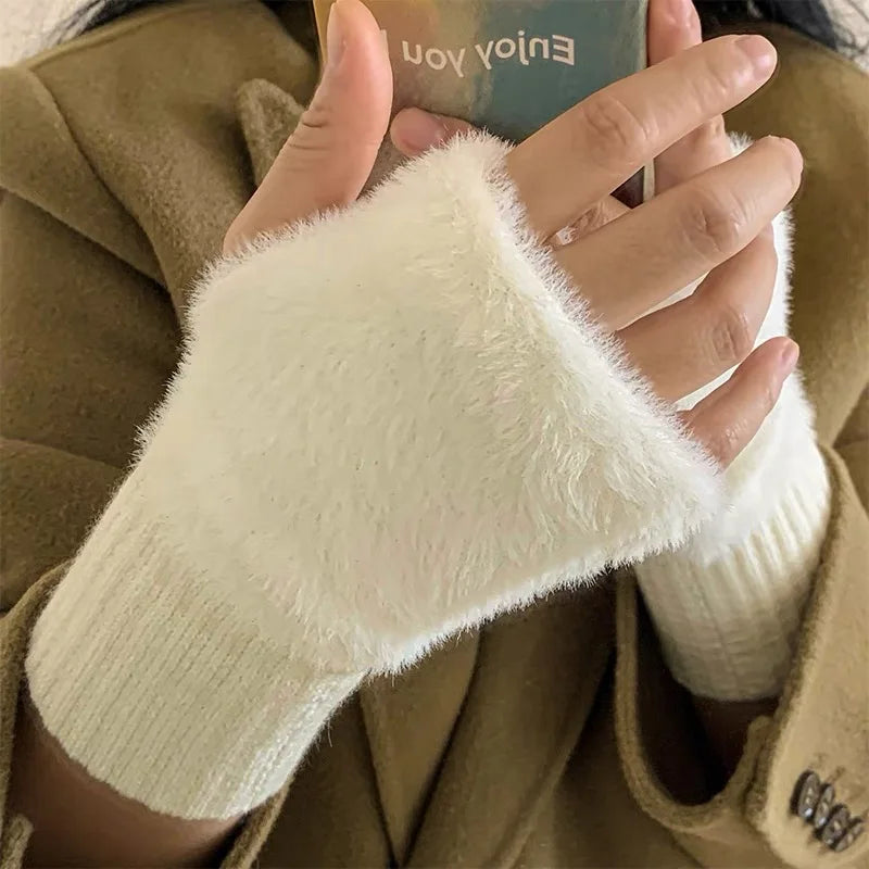 Luxury Knitted Gloves for Women, Soft Winter Half Finger Gloves, Warm Plush Wrist Mittens, Solid White Fingerless