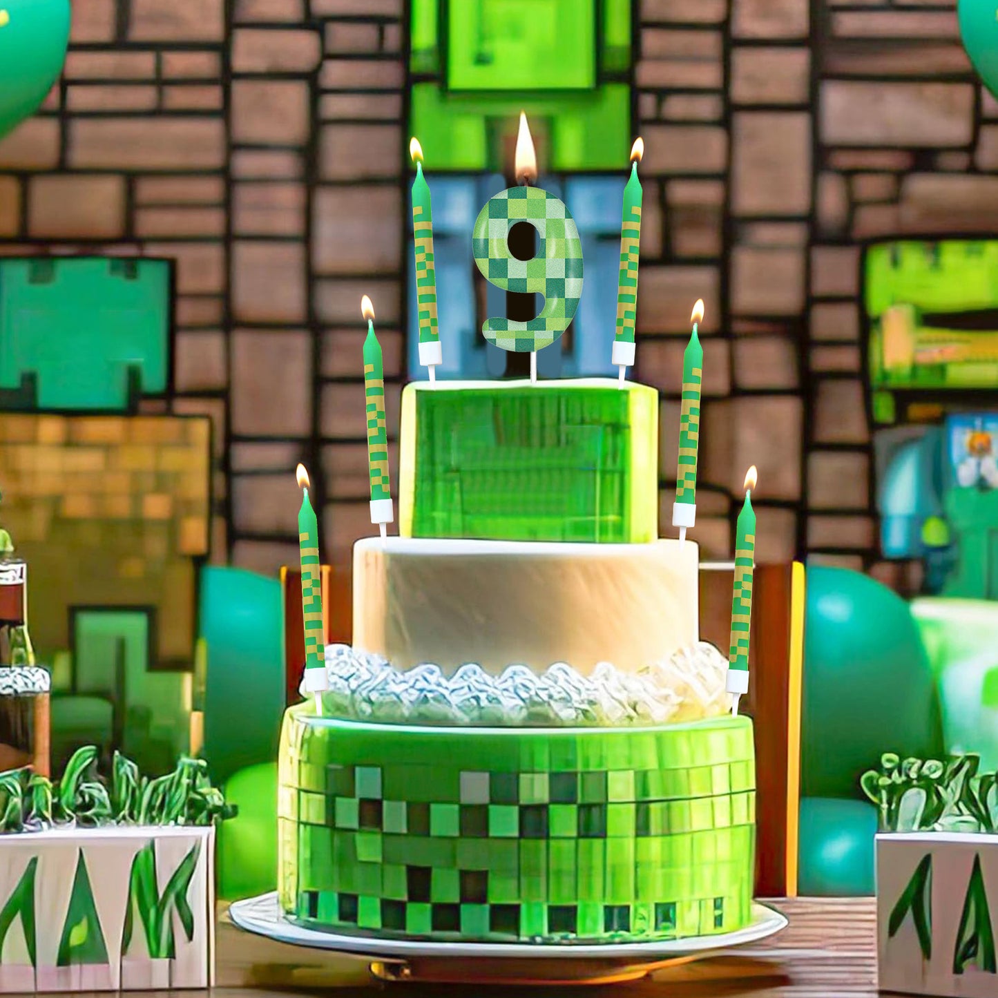 Pixel Theme Birthday Candles, Green My World Cake Toppers, Video Game Party Decoration, Digital Number Candles