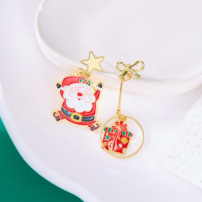 Cartoon Christmas Earrings, Enamel Santa Claus Bow Gift Box, Star Tassel Asymmetric Drop, Jewelry Party Gifts, For Women