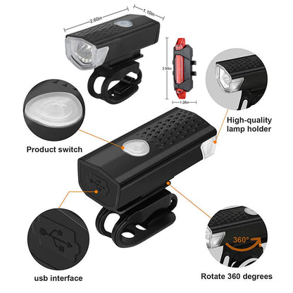 LED Rechargeable Bicycle Headlight, Front Rear Bike Light Set, Red Warning Tail Light for MTB and Night Cycling