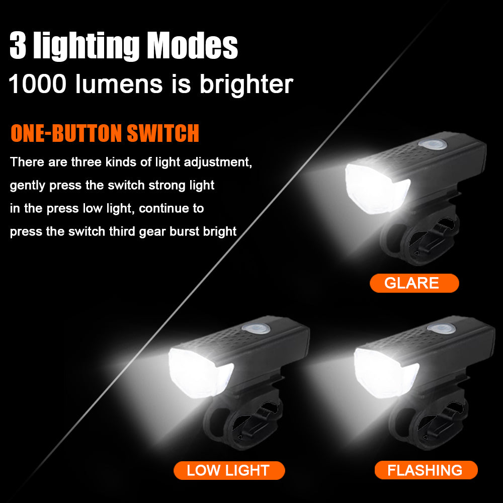 LED Rechargeable Bicycle Headlight, Front Rear Bike Light Set, Red Warning Tail Light for MTB and Night Cycling