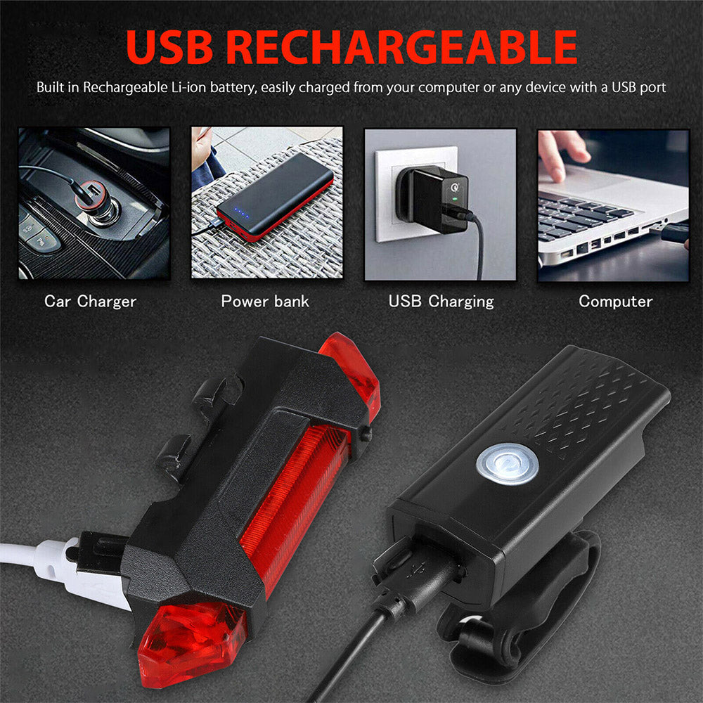 LED Rechargeable Bicycle Headlight, Front Rear Bike Light Set, Red Warning Tail Light for MTB and Night Cycling