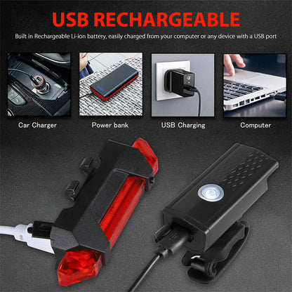 LED Rechargeable Bicycle Headlight, Front Rear Bike Light Set, Red Warning Tail Light for MTB and Night Cycling