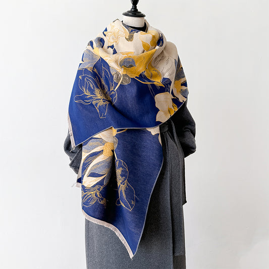 New Luxury Brand Cashmere Scarf, Elegant Lotus Design, Thick Warm Winter Shawl, Soft Pashmina Wraps