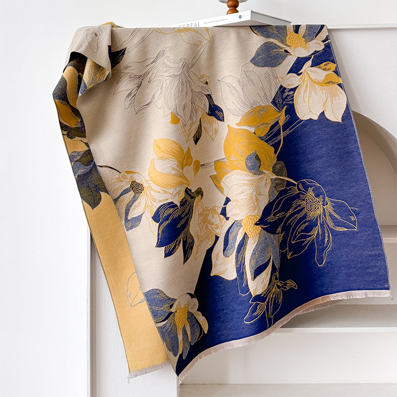New Luxury Brand Cashmere Scarf, Elegant Lotus Design, Thick Warm Winter Shawl, Soft Pashmina Wraps