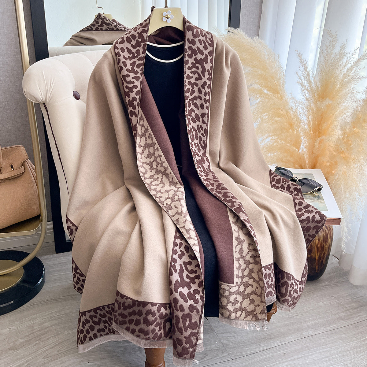 Luxury Winter Scarf for Women, Plaid Leopard Print, Cashmere Feel Pashmina Shawl, Warm Blanket Wrap
