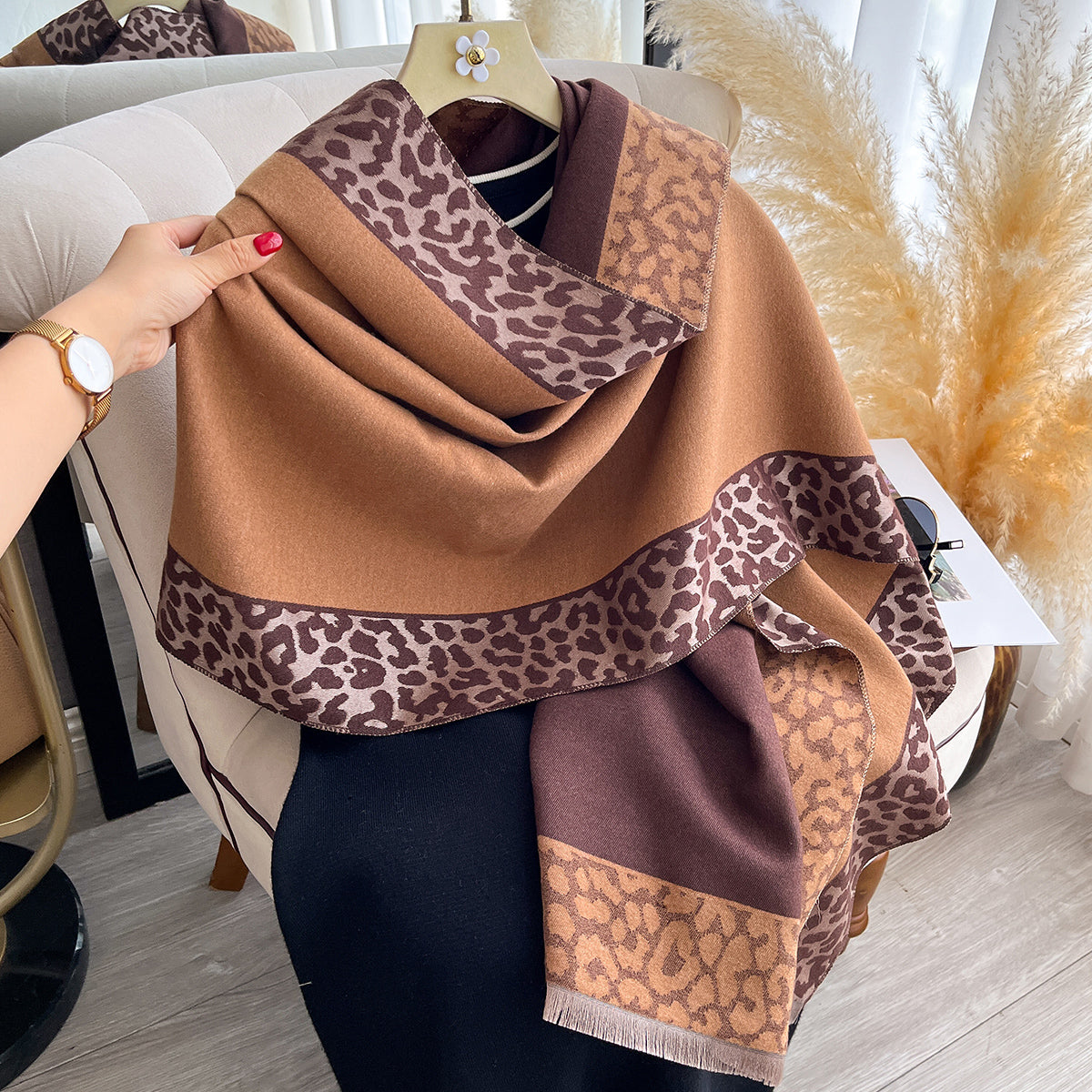 Luxury Winter Scarf for Women, Plaid Leopard Print, Cashmere Feel Pashmina Shawl, Warm Blanket Wrap