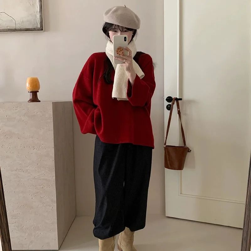 Oversized Loose Round Neck Sweater for Women Autumn Winter Knit