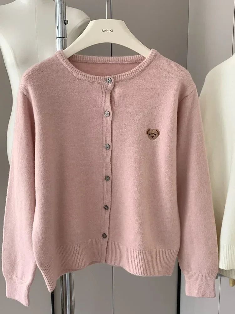 Zekye Autumn O Neck Knit Sweater with Sweet Cartoon Embroidery