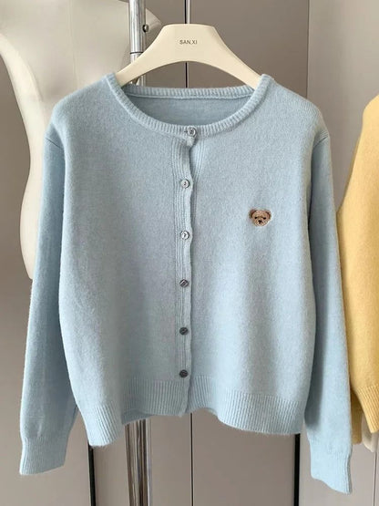 Zekye Autumn O Neck Knit Sweater with Sweet Cartoon Embroidery
