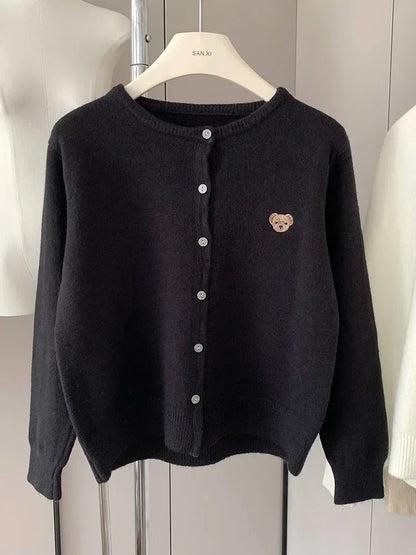 Zekye Autumn O Neck Knit Sweater with Sweet Cartoon Embroidery