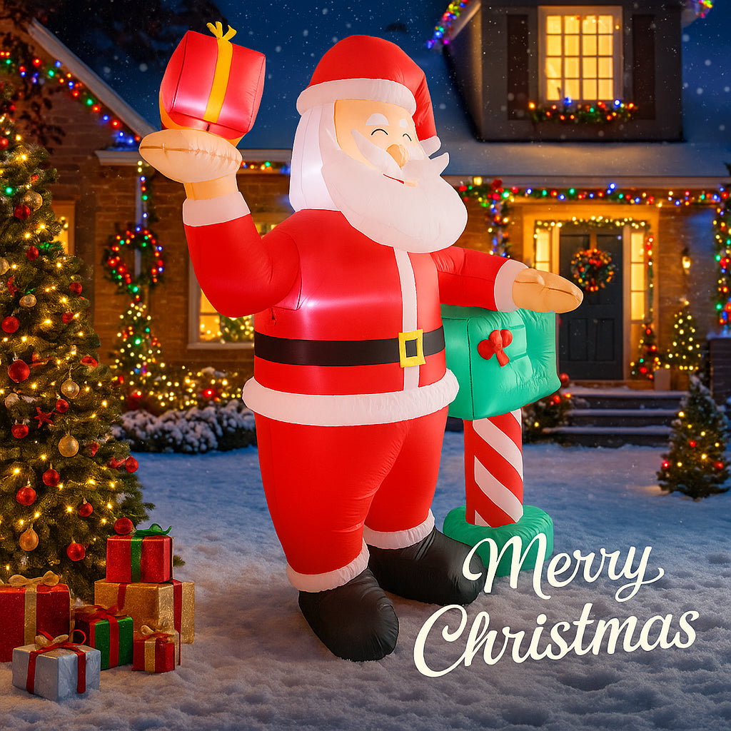 Santa Claus Gift Box Inflatable Christmas Yard Decoration, LED Lights Outdoor Ornament, Holiday Party Decor Toy