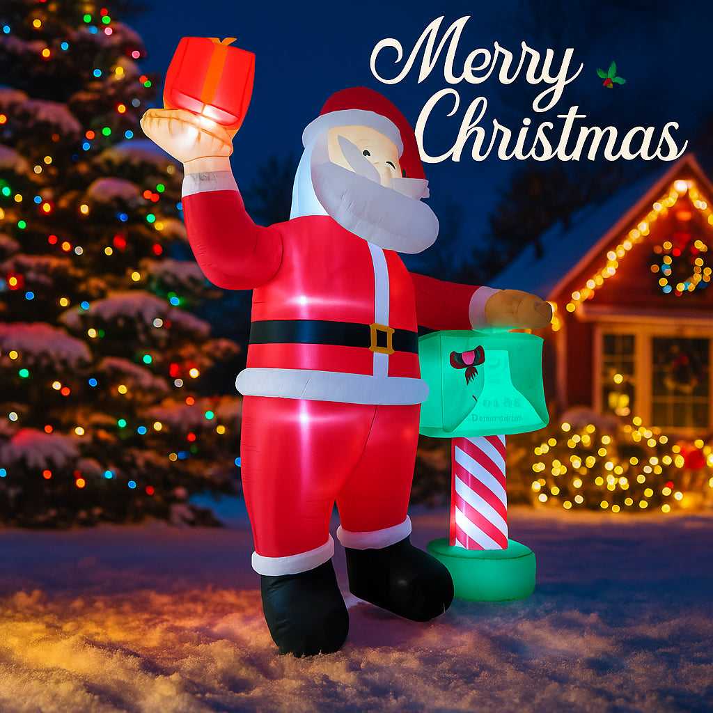 Santa Claus Gift Box Inflatable Christmas Yard Decoration, LED Lights Outdoor Ornament, Holiday Party Decor Toy