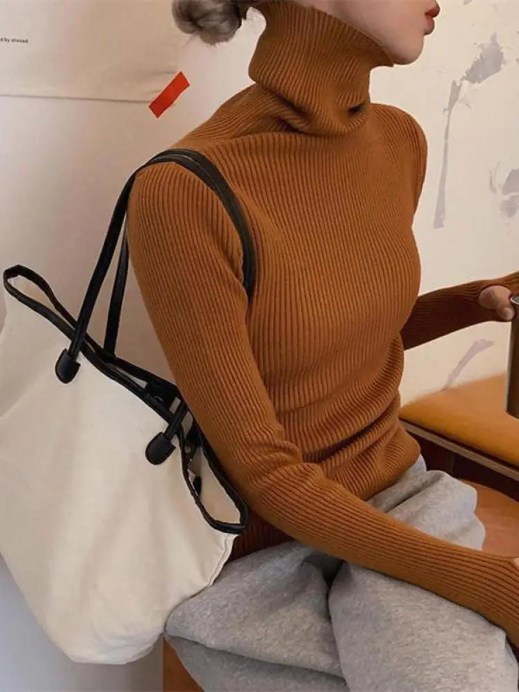 Womens Casual Pullover, Chic Knitted Turtleneck Sweater, Simple Fashion Top with Thumb Holes, Autumn Winter Basic