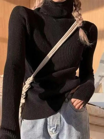 Womens Casual Pullover, Chic Knitted Turtleneck Sweater, Simple Fashion Top with Thumb Holes, Autumn Winter Basic