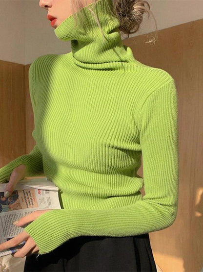 Womens Casual Pullover, Chic Knitted Turtleneck Sweater, Simple Fashion Top with Thumb Holes, Autumn Winter Basic