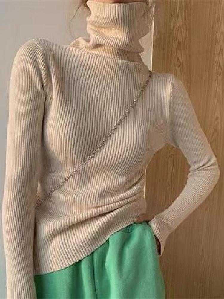 Womens Casual Pullover, Chic Knitted Turtleneck Sweater, Simple Fashion Top with Thumb Holes, Autumn Winter Basic
