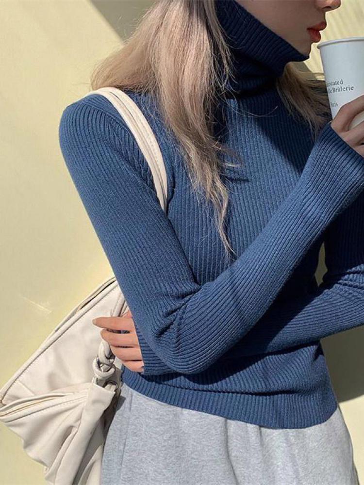 Womens Casual Pullover, Chic Knitted Turtleneck Sweater, Simple Fashion Top with Thumb Holes, Autumn Winter Basic