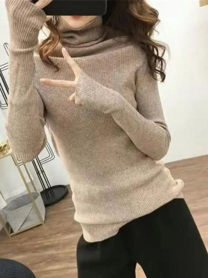 Womens Casual Pullover, Chic Knitted Turtleneck Sweater, Simple Fashion Top with Thumb Holes, Autumn Winter Basic