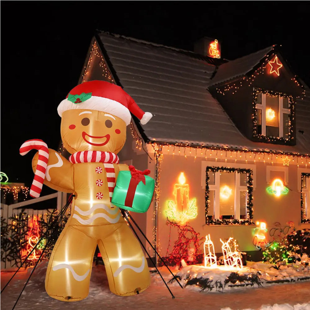 Christmas Inflatables Gingerbread Man, Outdoor Xmas Yard Decorations, Gift Pack with LED Lights for Lawn