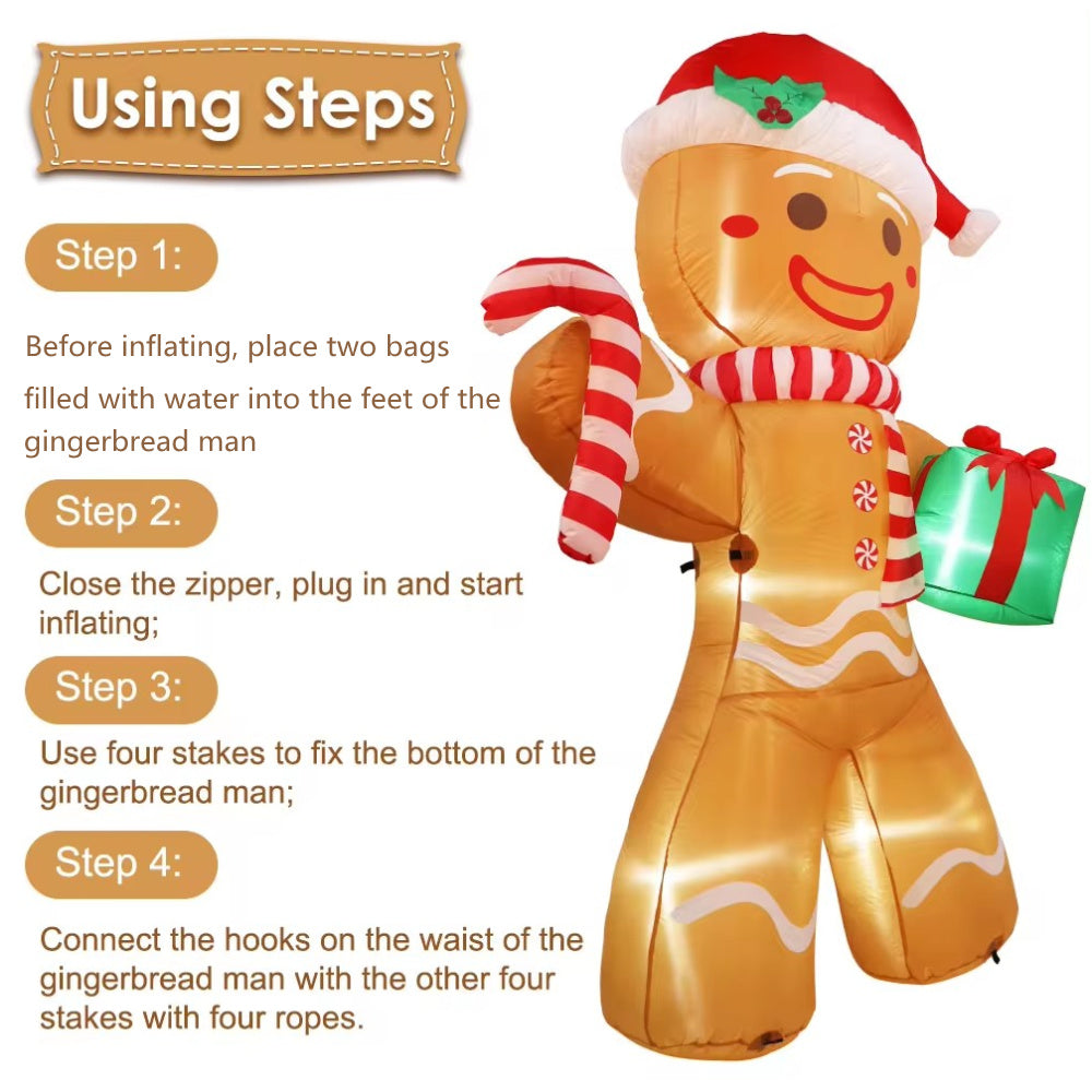Christmas Inflatables Gingerbread Man, Outdoor Xmas Yard Decorations, Gift Pack with LED Lights for Lawn