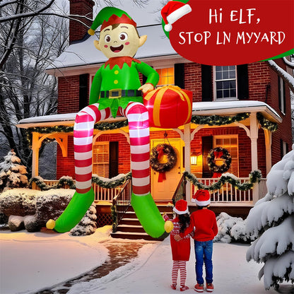 Christmas Inflatable Sitting Elf, Built-in LED Outdoor Beam Roof Tree Party Yard Decoration