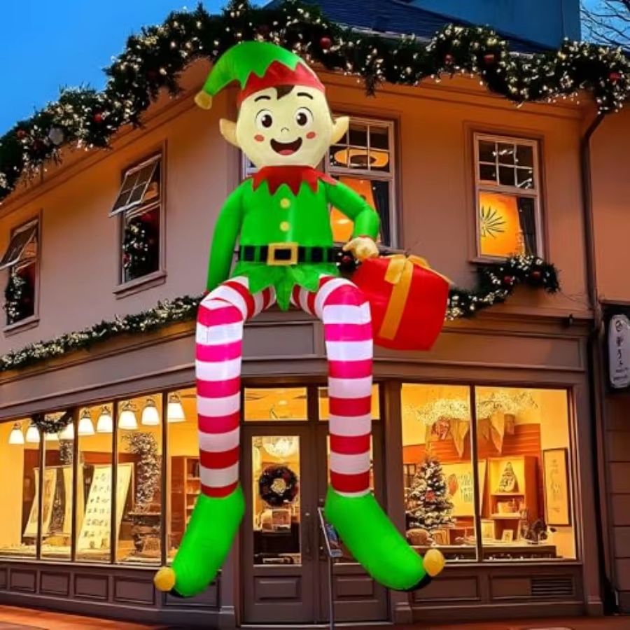 Christmas Inflatable Sitting Elf, Built-in LED Outdoor Beam Roof Tree Party Yard Decoration