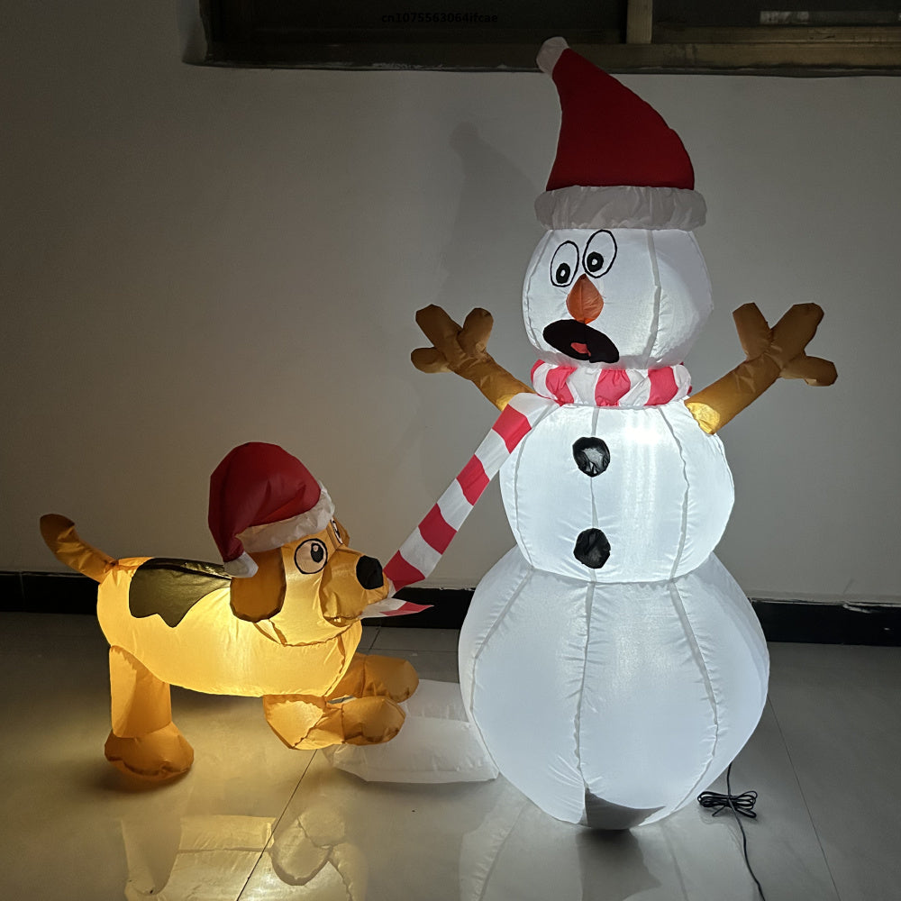Christmas Inflatable Dog Bites Snowman Scarf, Glowing LED Lamp, Cartoon Model Decoration, Outdoor Lawn Holiday Party