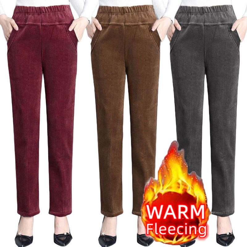 Elegant Women's High Waist Pencil Pants, Plush Fleece Lined Trousers for Autumn Winter, Thick Thin Corduroy Leggings