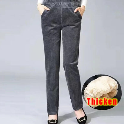 Elegant Women's High Waist Pencil Pants, Plush Fleece Lined Trousers for Autumn Winter, Thick Thin Corduroy Leggings