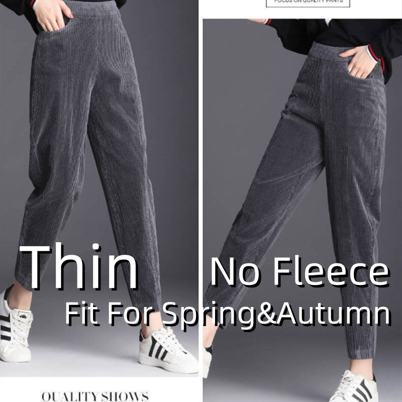 Elegant Women's High Waist Pencil Pants, Plush Fleece Lined Trousers for Autumn Winter, Thick Thin Corduroy Leggings