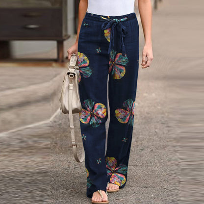 Elegant Print Joggers, Women's Cotton Linen Pants, Casual Autumn Streetwear, Comfortable Sweatpants