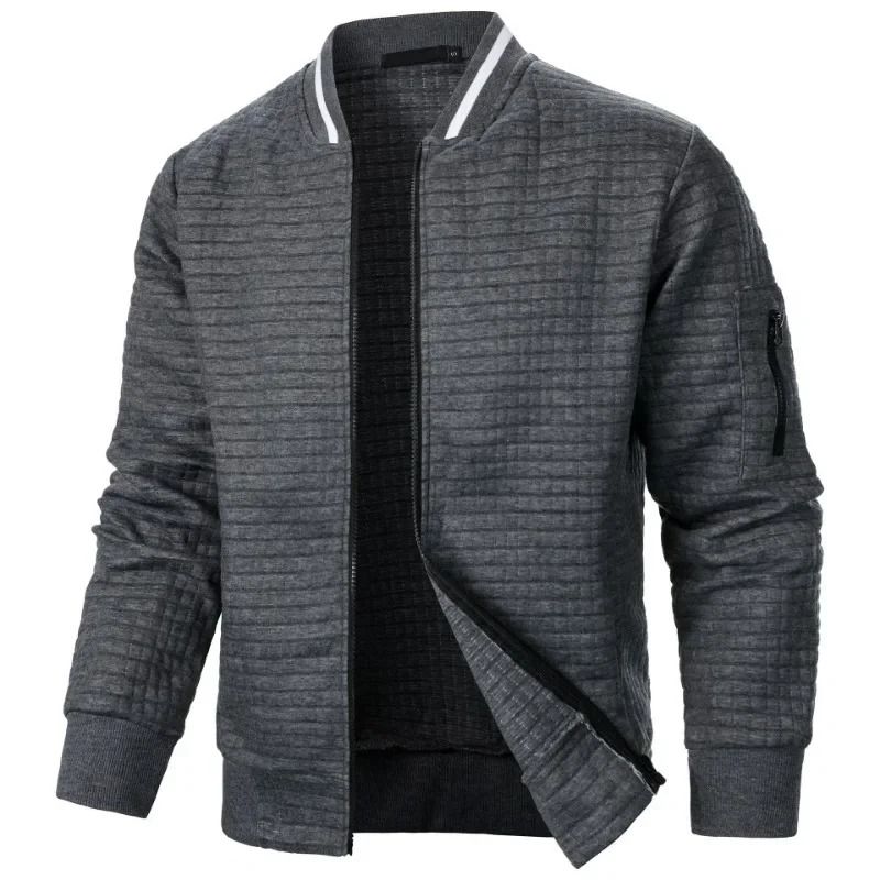 Men Long Sleeve Zipper Jacket Stand Collar Solid Color Baseball Sweatshirt