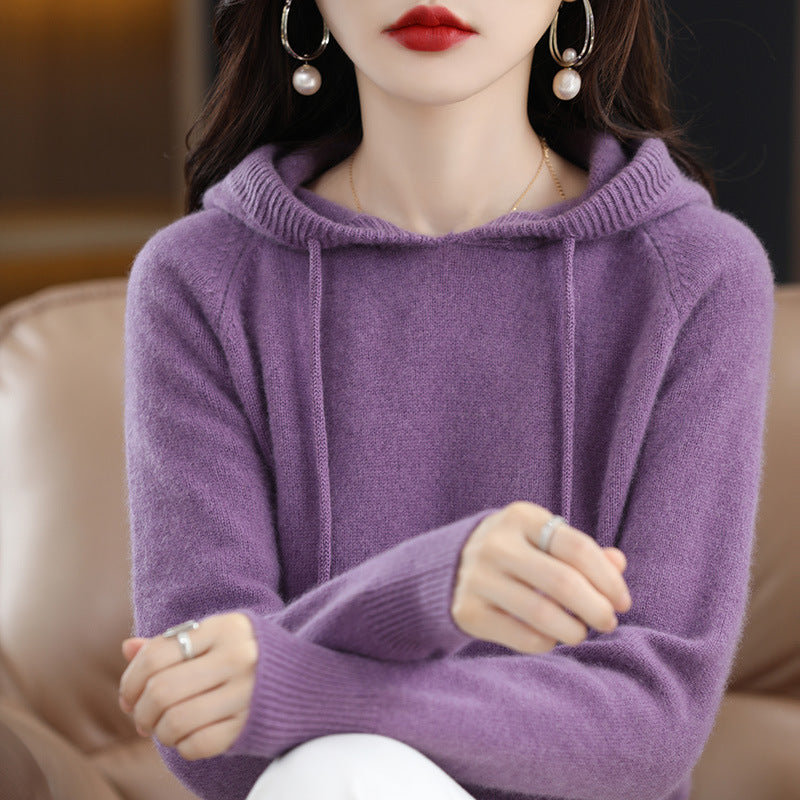 Cashmere Hooded Sweater Women, Autumn Winter Long Sleeve Solid Color Knitted Hoodies